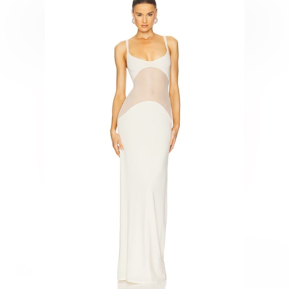 HELSA Sheer Knit Curve Maxi Dress Vanilla White Jersey gown Revolve $498 L